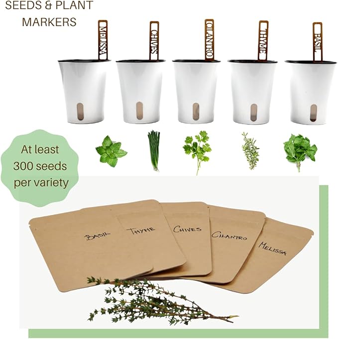 5 Herb Garden Kit Indoor - Kitchen Windowsill Self Watering Herb Garden Kit Indoor Starter Set Grow Organic Seeds Basil, Cilantro, Chives, Thyme, Lemon Balm (Melissa)