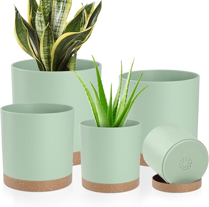Plant Pots with Drainage Holes and Saucers – 7, 6.5, 6, 5, 4 Inch Plastic Planters for Indoor Outdoor Plants, Modern Matte Finish, Lightweight & Durable（Green）