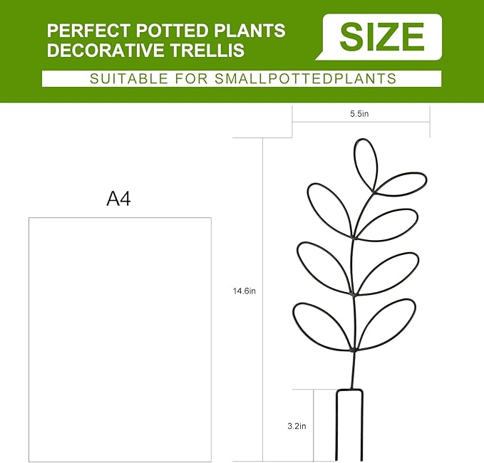2 Pack 14.8 Inch Plant Trellis Indoor for Climbing Plants with 50 Plant Ties, Small Metal Garden Trellis for Potted Plants, Leaf Shaped Support for Ivy Hoya Pothos Monstera Houseplants