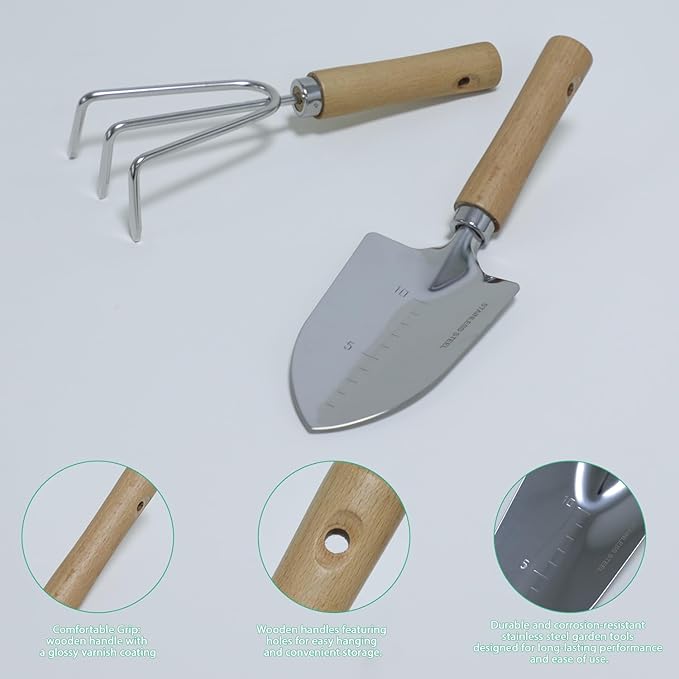 LeMotech Garden Tool Set, 2Pcs Gardening Hand Tools, Stainless Steel Trowel and Cultivator with Handle, Outdoor Gardening Kit for Women Men