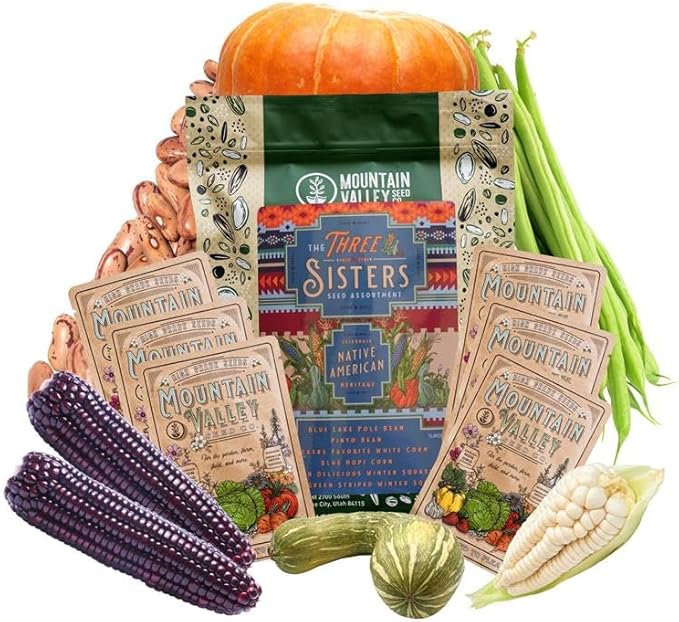 The Three Sisters Seed Assortment – 6 Pack Heirloom Corn, Beans & Squash – Blue Hopi, Trucker’s Favorite, Blue Lake, Pinto, Golden Delicious & Cushaw – Non-GMO, Traditional Garden Mix