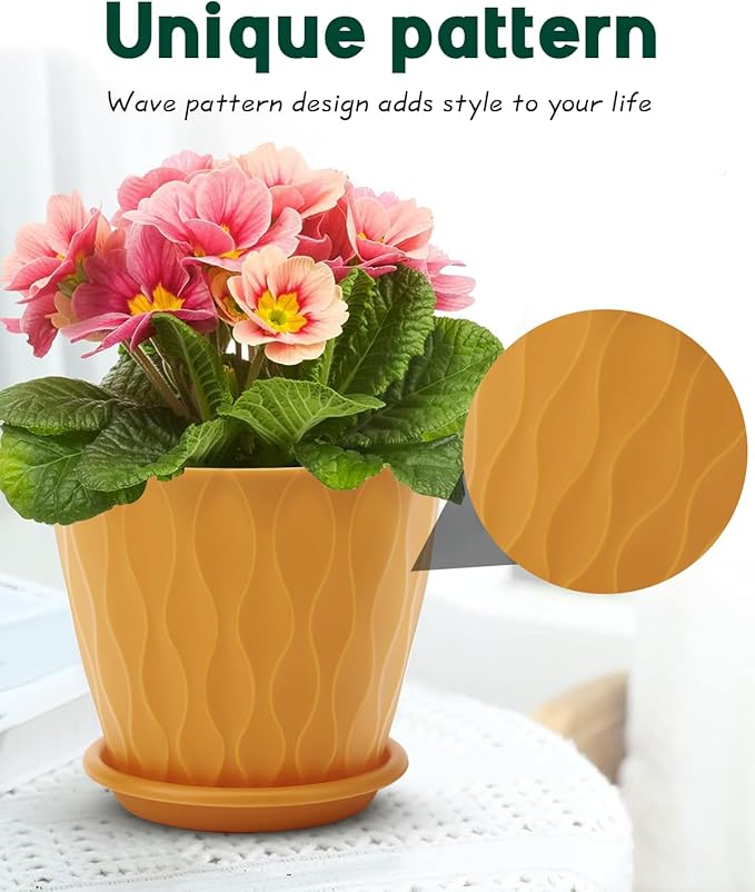 4 Inch Plastic Planter Pots with Drainage Holes & Saucers, Indoor/Outdoor Flower Pots for Plants, Succulents, Herbs, 5 Pack Set