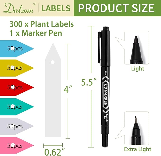 Dalzom® 300Pcs 4" Plant Labels with Marker Pen, Waterproof Plastic Plant Tags for Outdoor Seedlings Vegetable Garden Signs Markers Label Stakes (Multicolor)
