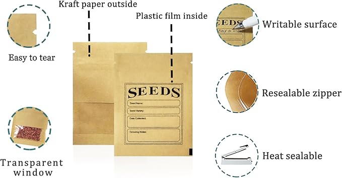 PABCK 100 Pack Small Resealable Seed Envelopes with Clear Window 2.7x3.7inch Brown Kraft Paper Packet with Preprinted Seed Collecting Template for Seed Flower Vegetable Plants Garden Storage Packaging