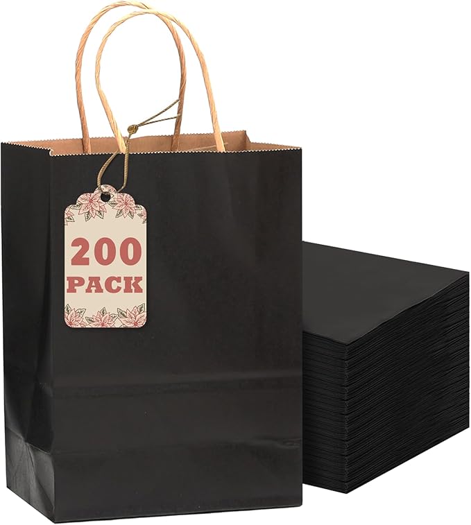 qiqee 200-Packs Black Paper Gift Bags with Handles Bulk 8.3"x6"x3.15" Small Size Paper Bags Multiple Uses