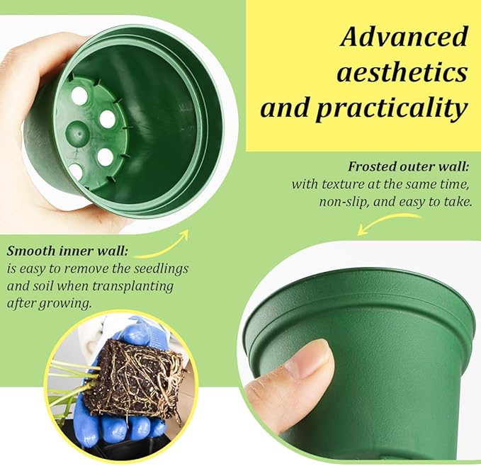 RooTrimmer 160 Pack 3 Inch Green Nursery Pots - Plastic Seedling, Seed Starter, Germination Pots with Drainage for Plants, Succulents, Flowers, Transplanting Gardening Gifts