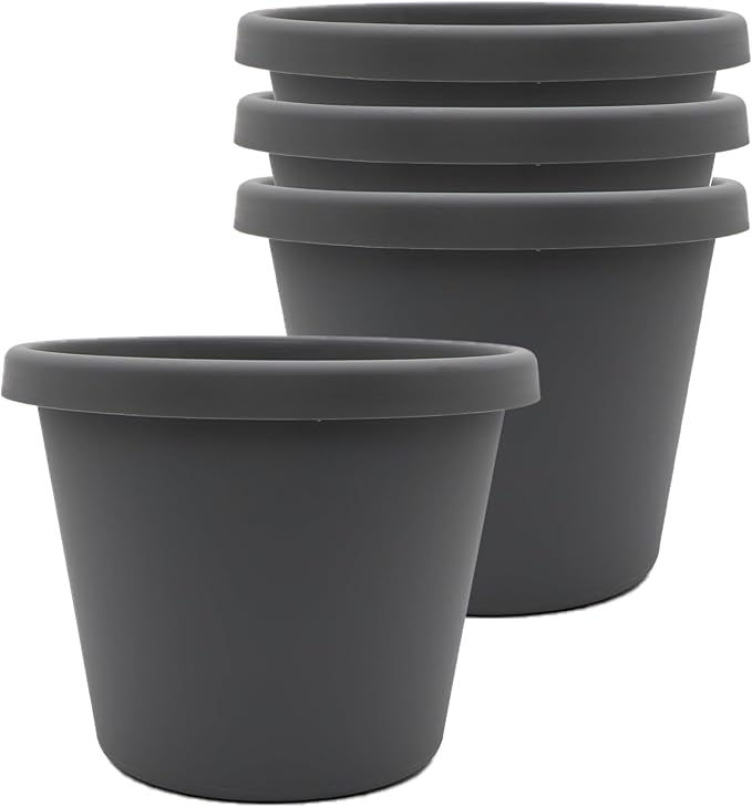 The HC Companies 6 Inch Prima Round Planter Pots with Drainage Holes and Rolled Rim, Lightweight UV-Resistant Plastic Indoor & Outdoor Planters, 4-Pack Flower Pots for Garden & Home Decor, Warm Gray