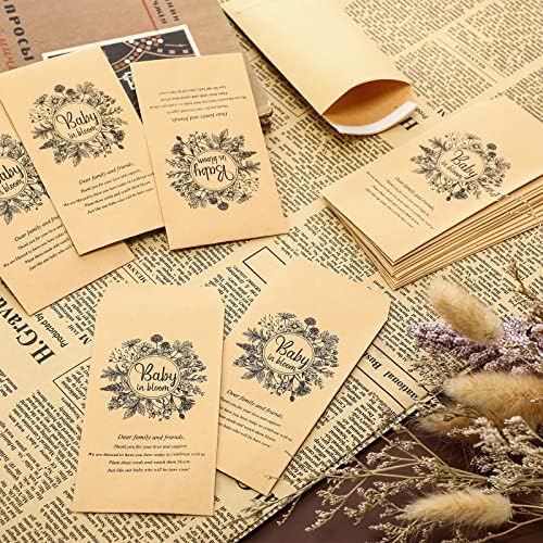 Fumete 50 Pcs Baby Shower Seed Packet Self Adhesive Kraft Envelopes Baby in Bloom Seed Storage Packets Mini Kraft Retro Paper Organizer for Gender Reveal Party, No Seeds(Black Flower)