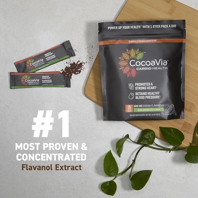 CocoaVia Cardio Health Cocoa Powder, 15 Single Serve Sticks, 500mg Cocoa Flavanols, Support Heart Health, Boost Nitric Oxide, Improve Circulation, Energy, Preworkout, Travel-Friendly, Vegan, Cacao