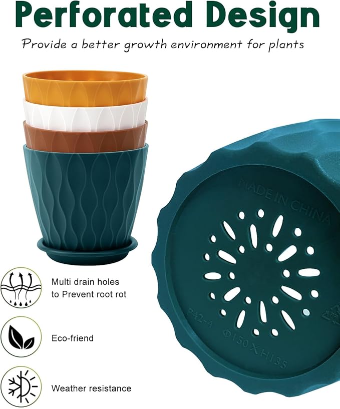 6 Inch Indoor Planter Pots with Drainage Hole and Tray Saucer,Flower Pots for Indoor Outdoor Garden Plants and Flowers, Multicolor, 4 Packs