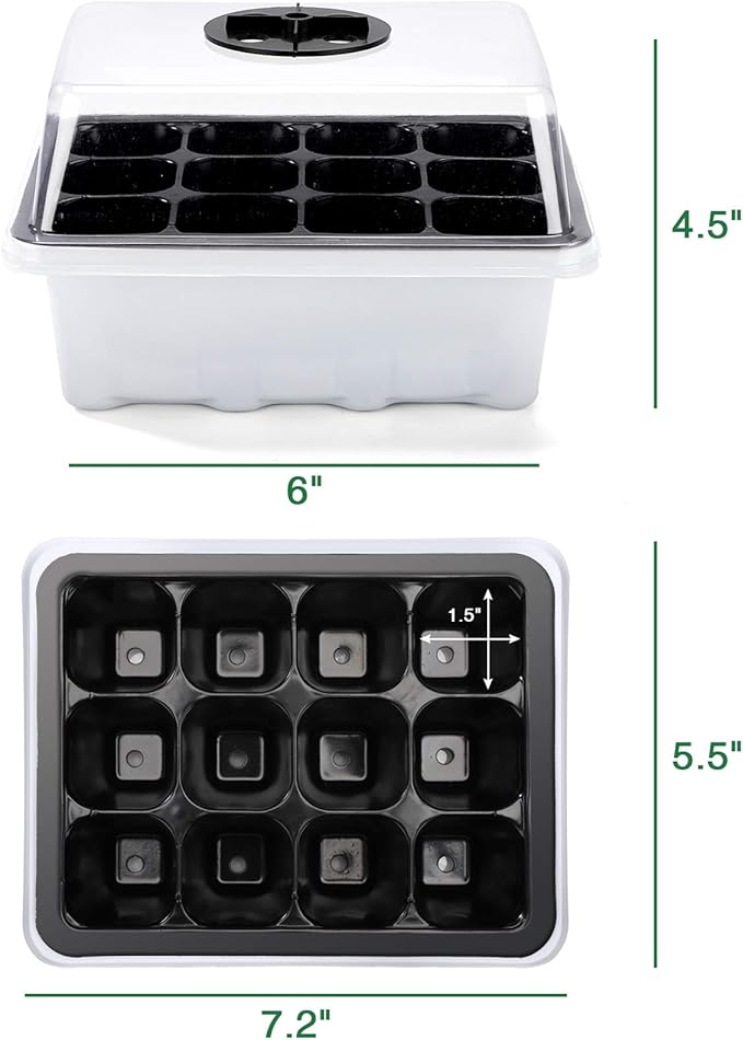Delxo 10-Pack Seed Starter Kit Seedling Starter Tray (12 Cells) Humidity Adjustable Plant Germination Kit Garden Seed Starting Tray with Dome and White Base Plus Plant Tags Hand Tool Kit
