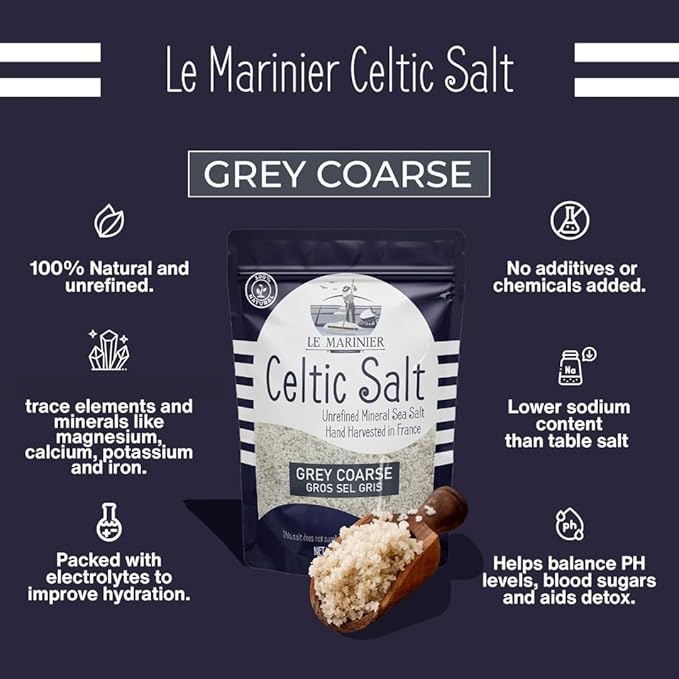Le Marinier Celtic Salt Organic Grey Coarse, 1.1lb - 18oz Pack of 2. Mineral Rich Unrefined French Sea Salt 100% Natural, Hand Harvested (1.1lb Grey Coarse - Pack of 2)
