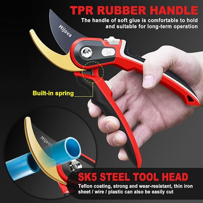 Garden Pruners, Heavy Duty Garden Clippers, Pruning Shears with Adjustable Thumb Lock, Hand Gardening Tools Pruners, High Carbon Steel Sharp Gardening Scissors (red)