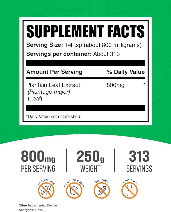 BulkSupplements.com Plantain Leaf Extract Powder - Plantain Leaf Supplement, Plantain Leaf Powder - Herbal Supplement, Gluten Free, 800mg per Serving, 250g (8.8 oz) (Pack of 1)