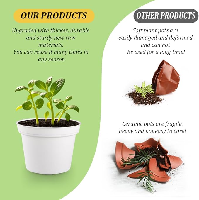RooTrimmer 60 Pack 3 Inch White Nursery Pots - Plastic Seedling, Seed Starter, Germination Pots with Drainage for Plants, Succulents, Flowers, Transplanting Gardening Gifts