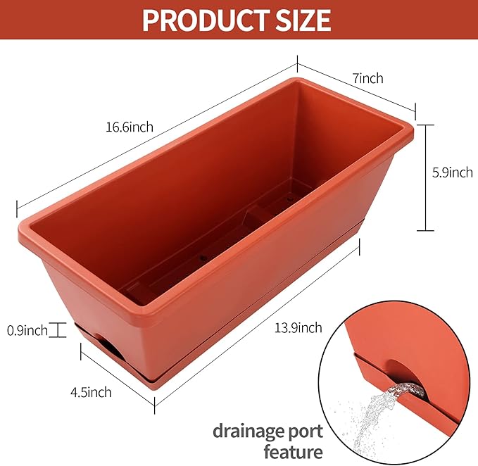 CHUKEMAOYI Window Box Planter, 7 Pack Plastic Vegetable Flower Planters Boxes 17 Inches Rectangular Flower Pots with Saucers for Indoor Outdoor Garden, Patio, Home Decor (Red)