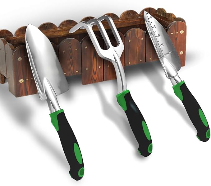 Garden Tools, Heavy Duty Cast-Aluminum Garden Tool Set with Hand Trowel, Transplant Trowel, Cultivator Rake, Soft Rubber Ergonomic Non-Slip Handle, Gardening for Home Gardeners (Basic Set (3 PCS))