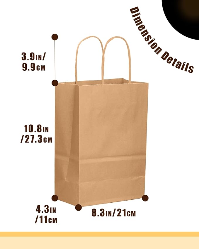 qiqee 200-Packs Brown Paper Gift Bags with Handles Bulk 10.6"x8.3"x4.3" Medium Size Paper Bags Multiple Uses