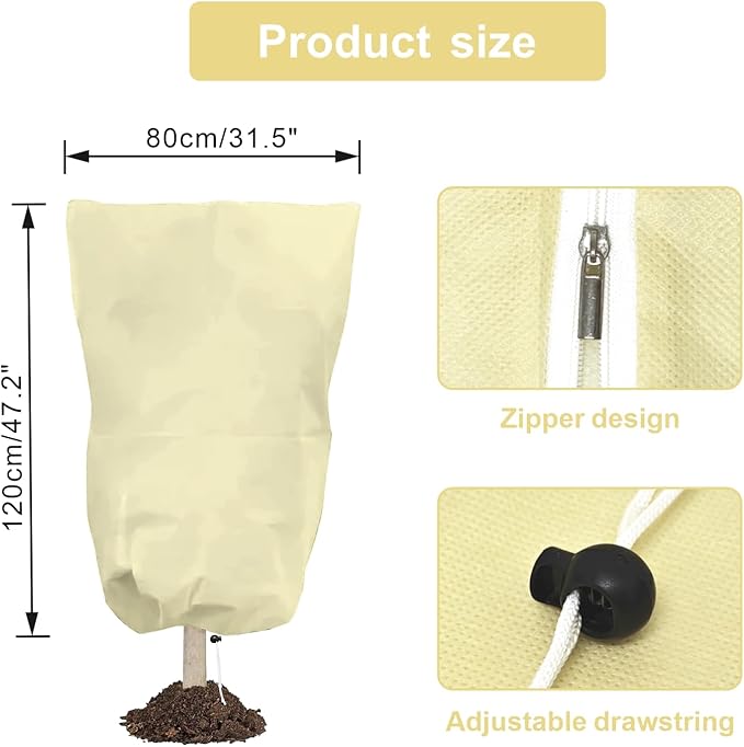 6 PCS Plant Covers Freeze Protection, 47.2"x31.5" Frost Blankets with Zipper Drawstring Reusable Winter Plant Protectors Bag Covers for Outdoor Garden Trees, Shrubs Cover for Frost Cold Pest, Beige