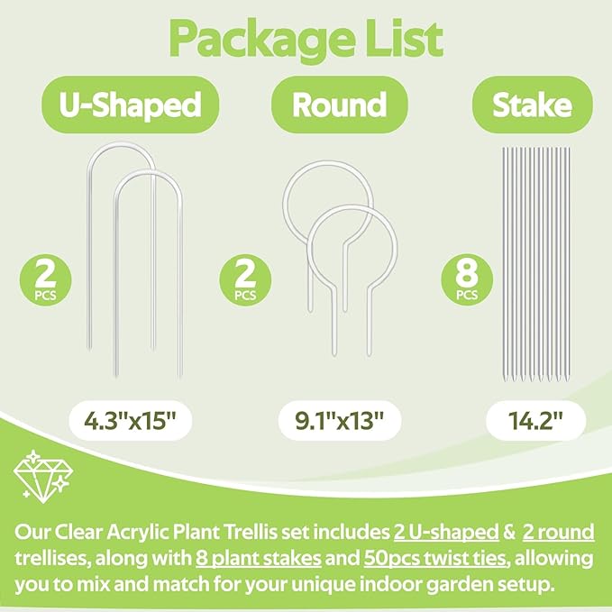 12 Pack Clear Acrylic Plant Trellis for Potted Plants Indoor Outdoor - Thickened U-Shaped & Round Small Trellis for Climbing Plants - Plant Support Stakes for Houseplant Flower Hoya Pothos Vine Ivy