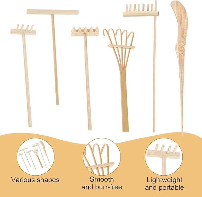 6 Piece Mini Zen Garden Rake Tools, Miniature Tabletop Rock Sand Zen Garden Accessories Zen Sand Garden Rake Set Small Rakes for Garden Beds Mini Sand Stamp Rakes for Home Office Desktop Decoration