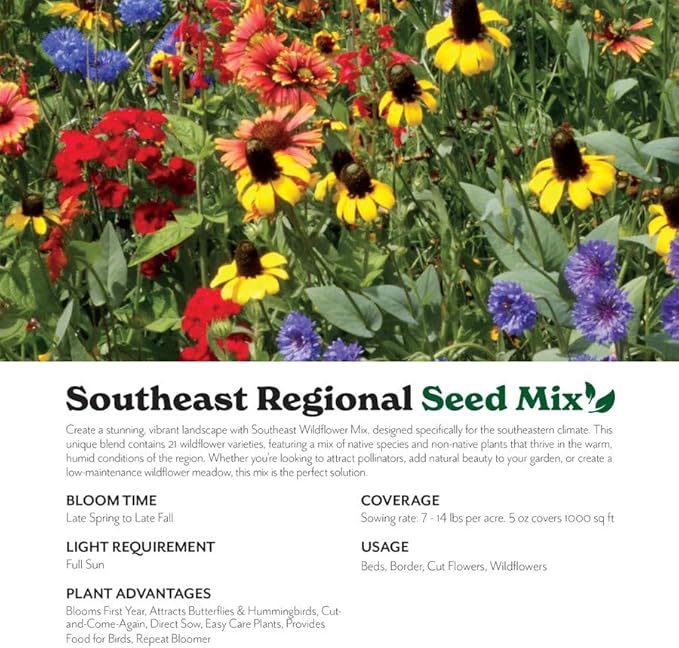Grow Your Own Vibrant Annual and Perennial Wildflower Garden Seeds Mixture, Varieties for Pollinators and Spring Gardens - Southeast Regional Mix, 1/4 lb