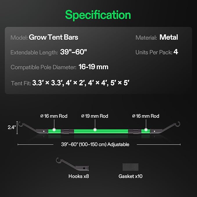 VIVOSUN Grow Tent High CFM Kit, Heavy-Duty Mounting Bars, High Airflow Support Pole Kit 39"-60" Adjustable, Suitable for 3.3’×3.3’, 4’×2’, 4’×4’, and 5’×5’ Tents, 4-Pack