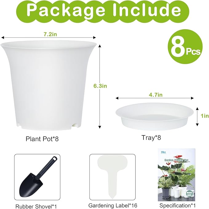 Planter Pots 8 Packs, 7.2 Inches Flower Pots with Drainage Holes & Trays, Ideal for Succulents, Herbs, Flower, African Violet, Garden Plant Pots for Home Garden Kitchen Decor (White-3)