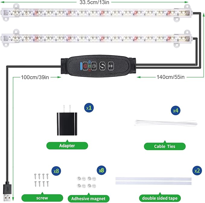 RWNTAO Two Strip Growing Lamp for Indoor Plants, Red & 3000K & 6000K Full Spectrum LED Grow Light Strips with Auto ON/Off 3/9/12H Timer,10 Dimmable Levels for Green House Succulent (13 in)
