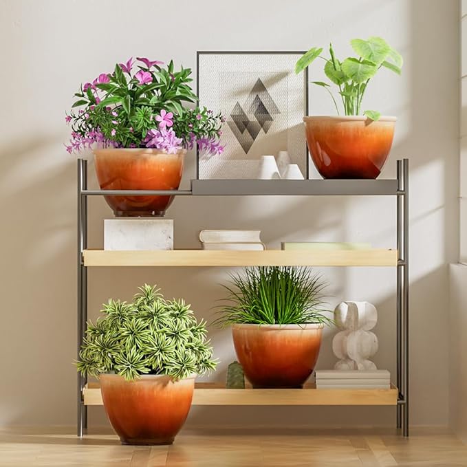 8 Inch Plant Pots with Drainage Hole, 4 Pack Plastic Flower Pots, Modern Sleek Decorative Planter for Indoor Outdoor Plants Succulent Snake (Orange)