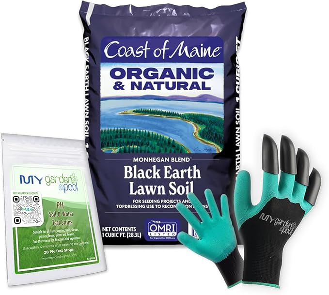Coast of Maine MO1000 Monhegan Black Earth Lawn Soil 1 cf with My Garden Pool 7-in-1 Soil Test Strips, 20 ct. and Claw Gardening Gloves