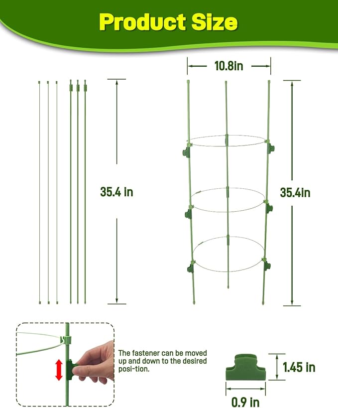 4 Pack 35.4" Tall Tomato Cages for Pots and Containers, Adjustable Tomato Plant Support with Sliding Clips, Plastic-Coated Metal Tomato Trellis Cage for Patio, Raised Bed & Garden Vegetables