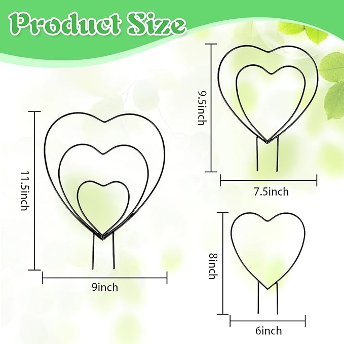 Hoya Trellis 3 Size Indoor Plants Flower Support Stakes Round or Heart Metal Trellis Set Garden Tool Accessories for Small Potted Vine Climbing Houseplants (BlackH)