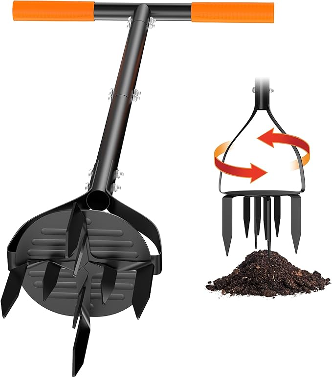 Hand Tiller for Gardening, 40 Inch Manual Soil Tiller with 8 Sharp Steel Teeth, Ergonomic T-Handle Garden Cultivator for Lawn, Planting, Tilling & Aerating