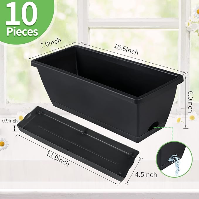 CHUKEMAOYI Window Box Planter, 10 Pack Plastic Vegetable Flower Planters Boxes 17 Inches Rectangular Flower Pots with Saucers for Indoor Outdoor Garden, Patio, Home Decor (Black)
