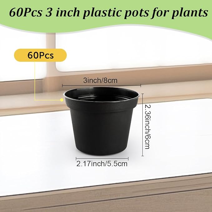 RooTrimmer 60 Pack 3 Inch Black Nursery Pots - Plastic Seedling, Seed Starter, Germination Pots with Drainage for Plants, Succulents, Flowers, Transplanting Gardening Gifts