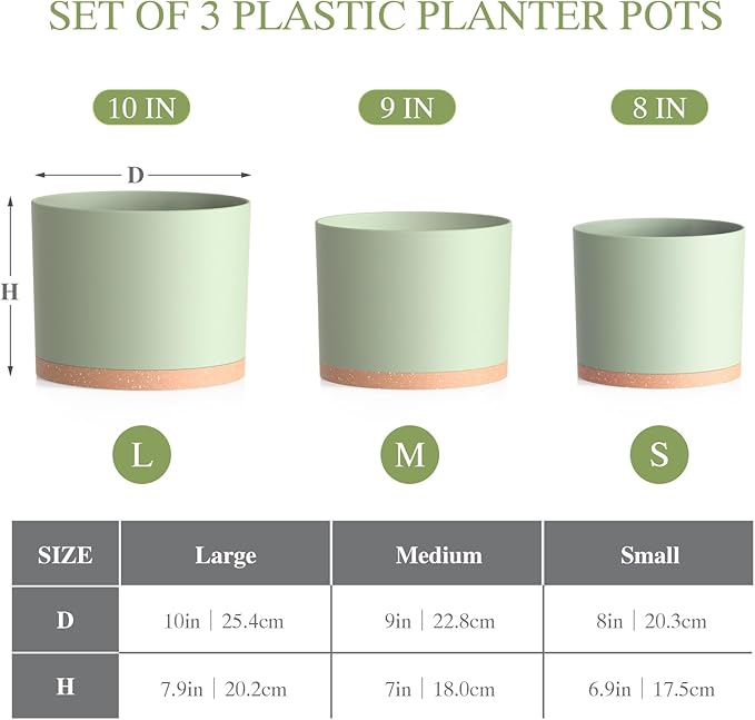 10/9/8 Inch Large Plant Pots with Drainage Holes and Trays, 3 Pack Modern Minimalist Cylinder Planters for Monstera, Snake Plant, Indoor Outdoor (Matte Green & Brown)