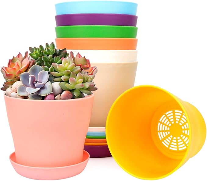 8 Pack 4.7 Inch Plant Pots Indoor Outdoor,Plastic Colorful Flower Pots with Drainage Holes and Saucers,Nursery Pot for Office Home Balcony Table,Essential for Growing Vegetables,Succulents