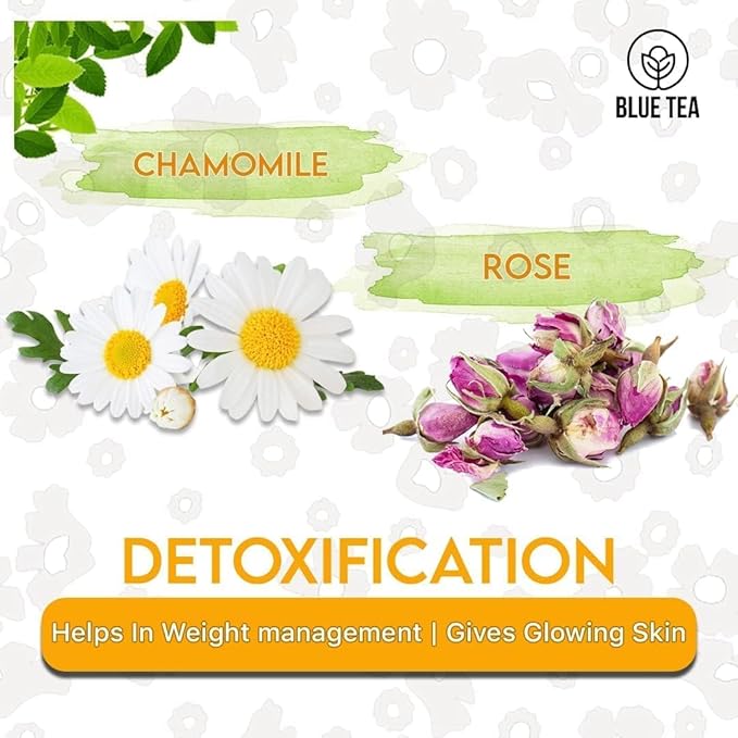 BLUE TEA - Chamomile Tea - Rose - 18 Count - Pyramid Plant Based Tea Bag | SKIN HEALTH | Detox Tea - Herbal Tea - Flower Based - Caffeine-free - Non-GMO - Vegan | Tin Pack