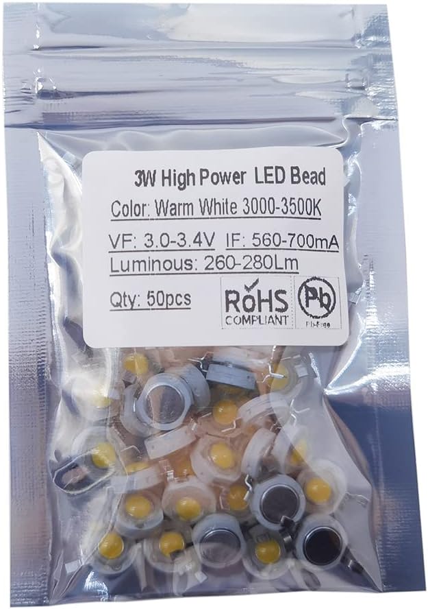 50 pcs High Power Led Chip 3W Warm White (3000K-3500K / Input 560mA-700mA / DC 3V-3.4V / 3 Watt) Super Bright Intensity SMD COB Light Emitter Components Diode 3 W Bulb Lamp Beads DIY Lighting