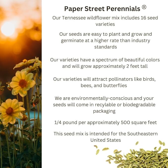 Tennessee Bulk Perennial Wildflower Seed Mix 1lb Covers 2,000sq-ft - Attract Pollinators, Multi-Color Blooms - Southeast US Species Plant in Spring/Fall, Earth-Friendly Packaging (1/4 Pound)