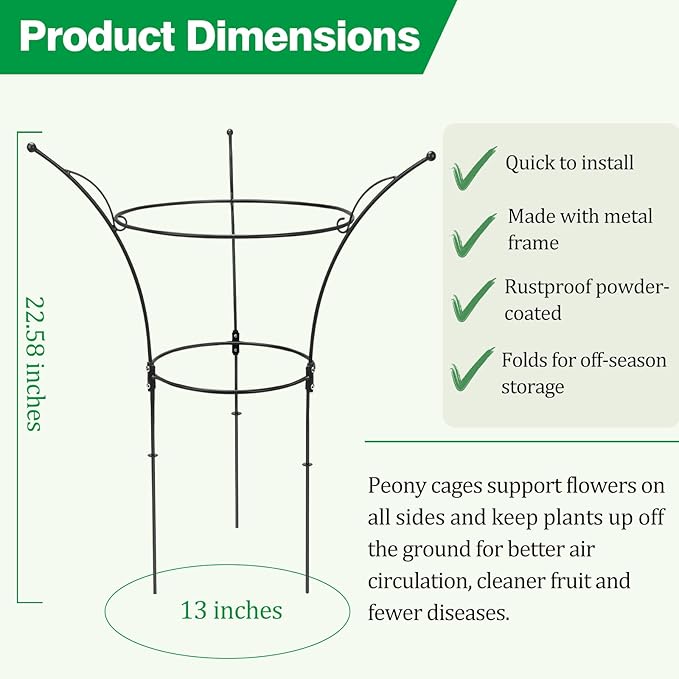 2 Pack Peony Cages and Supports Cages 13" D x 22.8" H Heavy Duty Metal Support Frame for Peonies & Roses Natural Bouquet Shape Garden Stakes for Outdoor Plants Flowers Ornamental (Black)