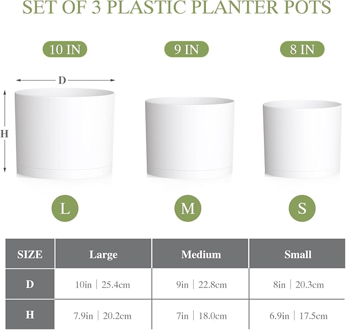 10/9/8 Inch Large Plant Pots with Drainage Holes and Trays, 3 Pack Modern Minimalist Cylinder Planters for Monstera, Snake Plant, Indoor Outdoor (Matte White)