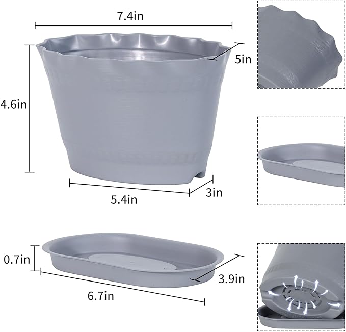 Herb Planter Pots 6 Pcs, Window Box Planter Flower Plants Pots for Succulent Cactus Flower with Trays, for Home Garden Kitchen Decor (Grey)