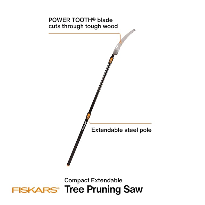 Fiskars Telescopic Pole Pruner (Extends from 3-feet to 8-feet), Hand Saw For Tree Cutting with 12-Inch Double-Grind Saw