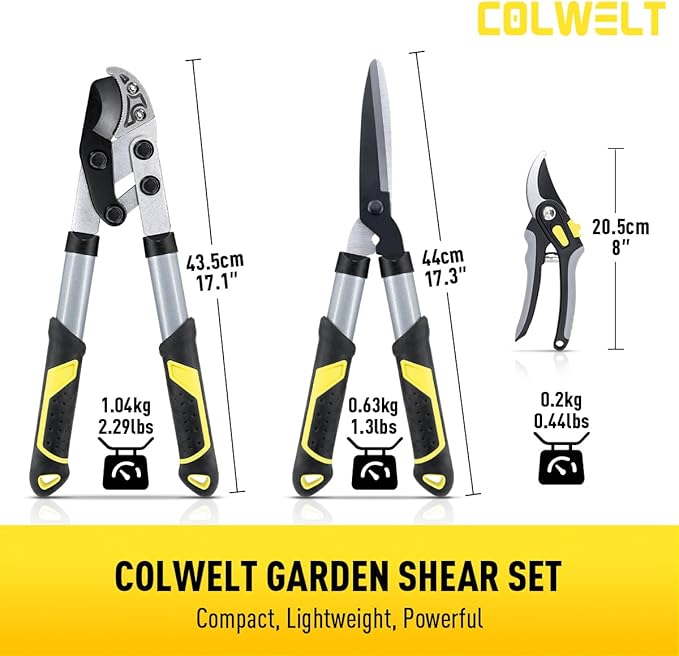 Colwelt Loppers Hedge Shears Garden Shears Set 3Pcs, Compact 17’’ Anvil Branch Cutter & Hedge Clippers & Garden Scissors, Shears Gardening Tools for Yard(Set for the bulk of light-to-moderate pruning)