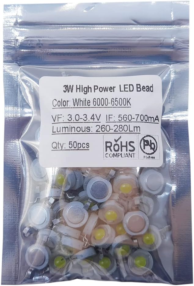 50 pcs High Power Led Chip 3W (6000K-6500K / 560mA-700mA / DC 3V-3.4V / 3 Watt) Super Bright Intensity SMD COB Light Emitter Components Diode 3 W Bulb Lamp Beads DIY Lighting, White (6000K)