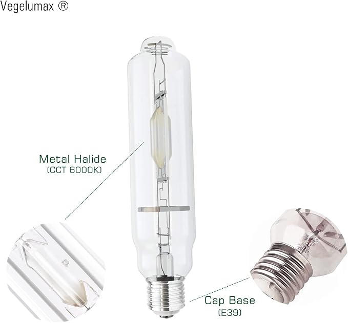 MH 600W Metal Halide Single Ended HID Grow Light Bulb Lamp High PAR Enhanced Blue and Violet Spectrums for Hydroponic Horticulture Vegetative Growth,CCT 6000K,55,000 Lumens,E39 Base