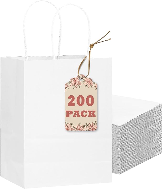 qiqee 200-Packs White Paper Gift Bags with Handles Bulk 8.3"x6"x3.15" Small Size Paper Bags Multiple Uses