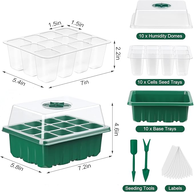 VPQZUPG 10 Pcks Seed Starter Tray 120 Cells Seed Starter Kit with Humidity Dome, Seed StartingTrays for Seed Seedling Planting Starter, Mini Greenhouse Plant Germination Trays（Green）